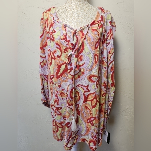 I.N Studio Multi Color BOHO Tassel Tie Neck Line Pull Over Top Size 2X Petite - Picture 2 of 9